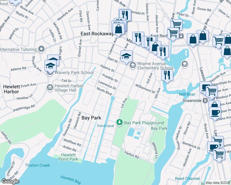 map of restaurants, bars, coffee shops, grocery stores, and more near 196 Rhame Avenue in East Rockaway