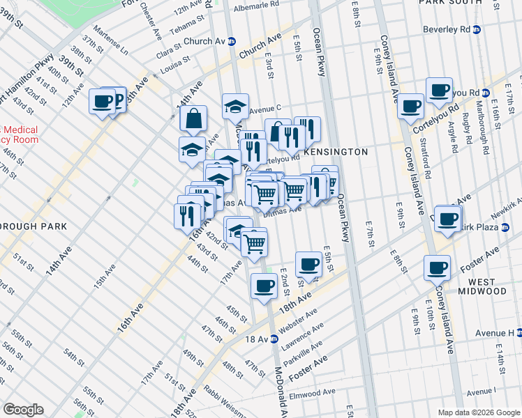 map of restaurants, bars, coffee shops, grocery stores, and more near 744 McDonald Avenue in Brooklyn