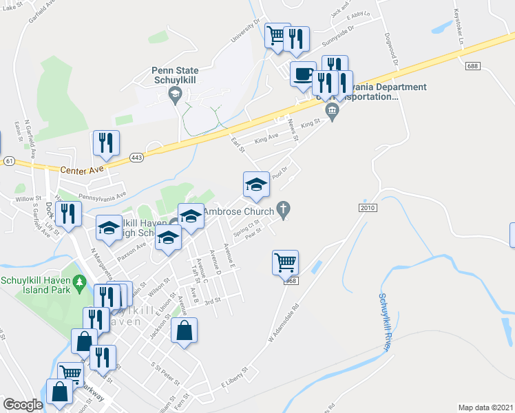 map of restaurants, bars, coffee shops, grocery stores, and more near 21 Hillcrest Drive in Schuylkill Haven