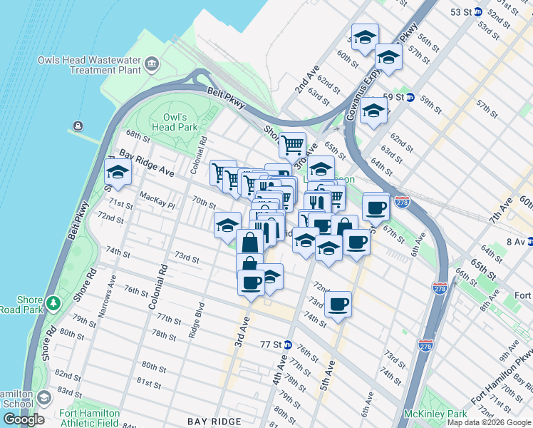 map of restaurants, bars, coffee shops, grocery stores, and more near 260 68th Street in Brooklyn