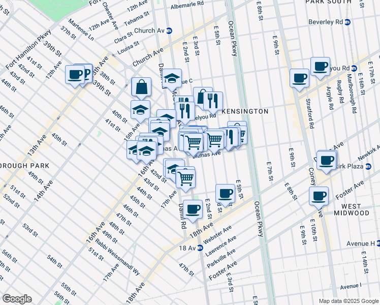 map of restaurants, bars, coffee shops, grocery stores, and more near 744 McDonald Avenue in Brooklyn