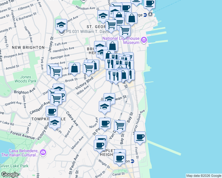 map of restaurants, bars, coffee shops, grocery stores, and more near 58 Van Duzer Street in Staten Island