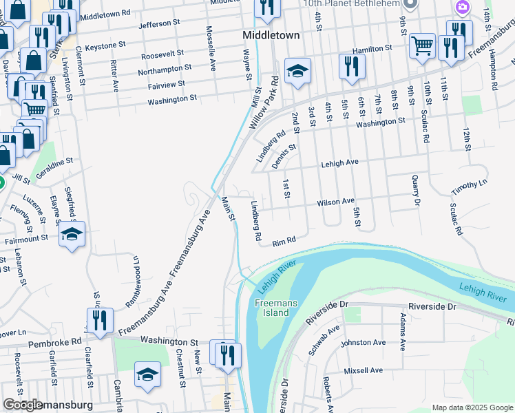 map of restaurants, bars, coffee shops, grocery stores, and more near 1532 Lindberg Road in Bethlehem