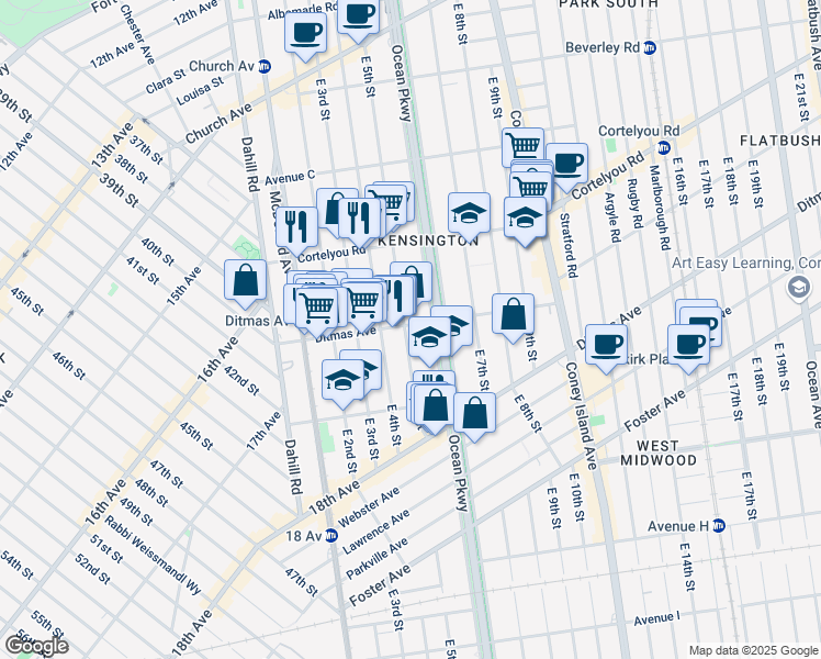 map of restaurants, bars, coffee shops, grocery stores, and more near 667 East 5th Street in Brooklyn