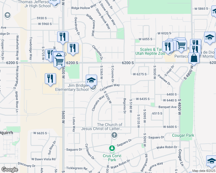 map of restaurants, bars, coffee shops, grocery stores, and more near 6796 South Cyclamen Square in West Jordan