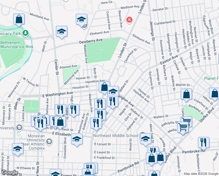 map of restaurants, bars, coffee shops, grocery stores, and more near 1628 Linden Street in Bethlehem