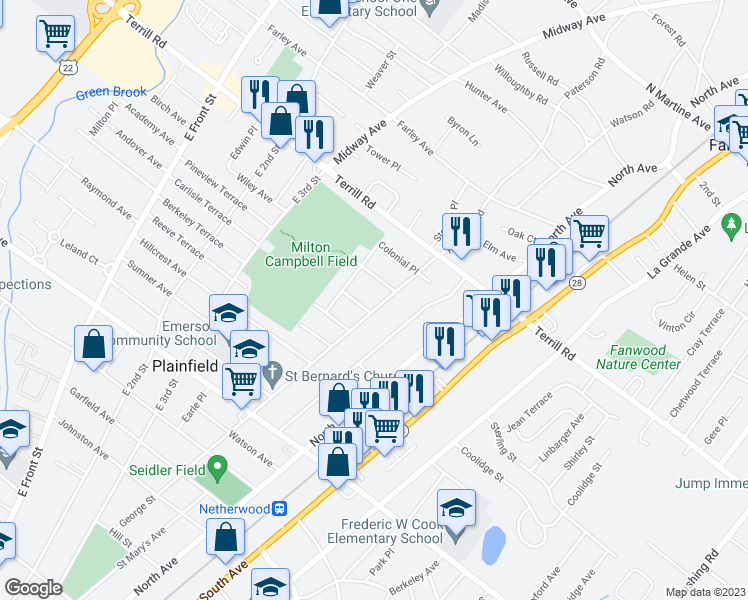 map of restaurants, bars, coffee shops, grocery stores, and more near 1375 George Street in Plainfield