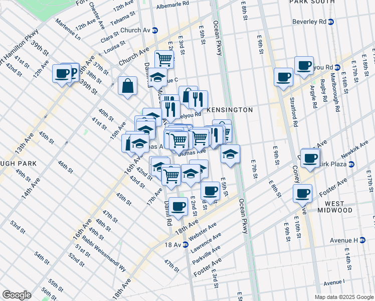 map of restaurants, bars, coffee shops, grocery stores, and more near 602 East 2nd Street in Brooklyn