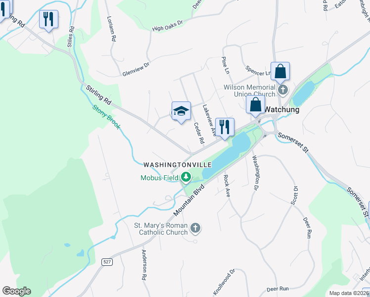 map of restaurants, bars, coffee shops, grocery stores, and more near 210 Stirling Road in Watchung