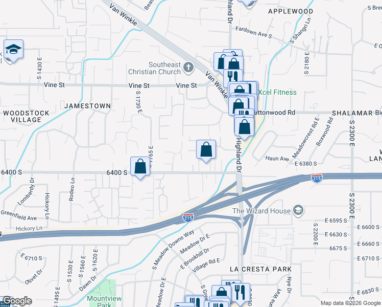 map of restaurants, bars, coffee shops, grocery stores, and more near 1870 East Monterey Drive in Murray
