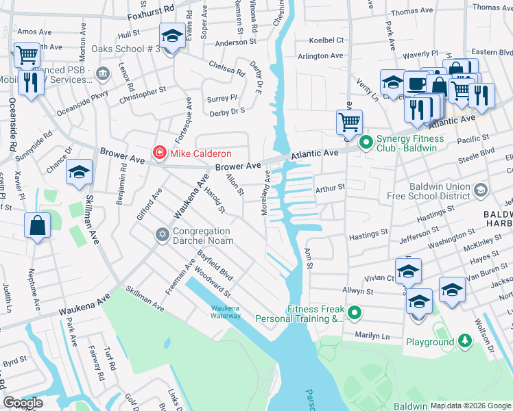 map of restaurants, bars, coffee shops, grocery stores, and more near 2950 Moreland Avenue in Oceanside
