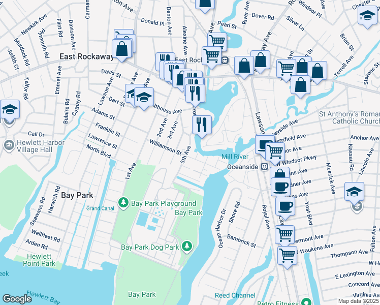 map of restaurants, bars, coffee shops, grocery stores, and more near 6 5th Avenue in East Rockaway