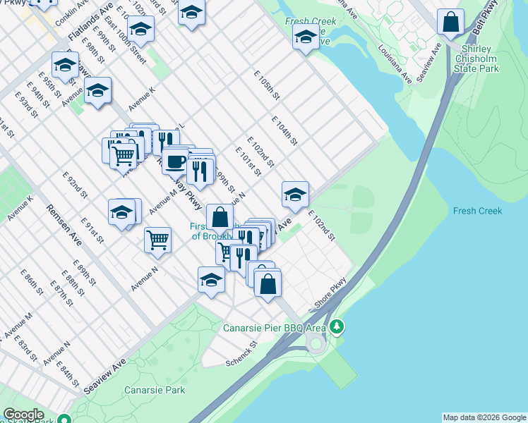 map of restaurants, bars, coffee shops, grocery stores, and more near 1427 East 100th Street in Brooklyn