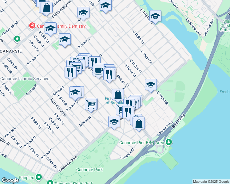map of restaurants, bars, coffee shops, grocery stores, and more near 1510 East 98th Street in Brooklyn