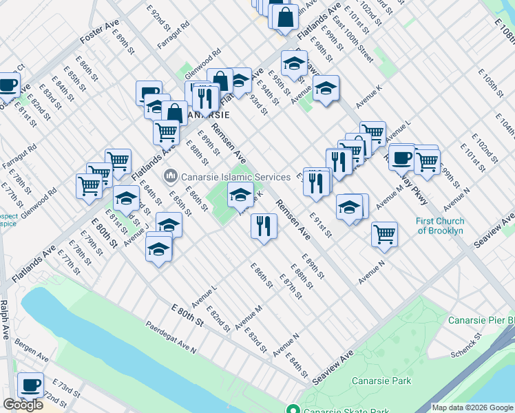 map of restaurants, bars, coffee shops, grocery stores, and more near 1370 Remsen Avenue in Brooklyn