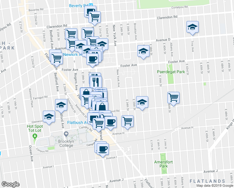 map of restaurants, bars, coffee shops, grocery stores, and more near 3223 Farragut Road in Brooklyn