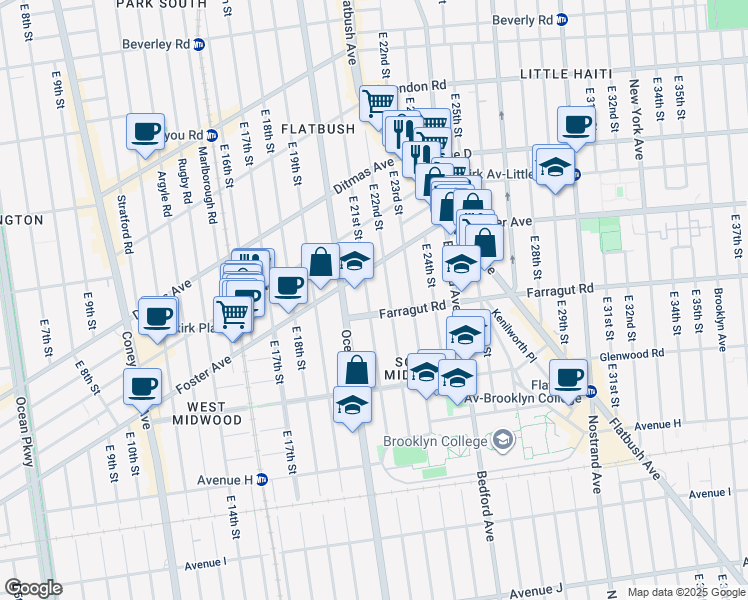 map of restaurants, bars, coffee shops, grocery stores, and more near 2020 Foster Avenue in Brooklyn