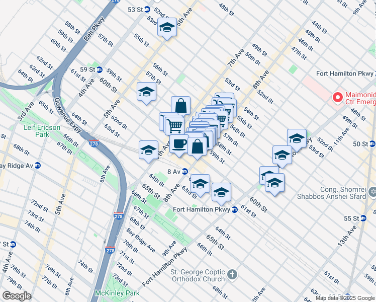 map of restaurants, bars, coffee shops, grocery stores, and more near 750 59th Street in Brooklyn