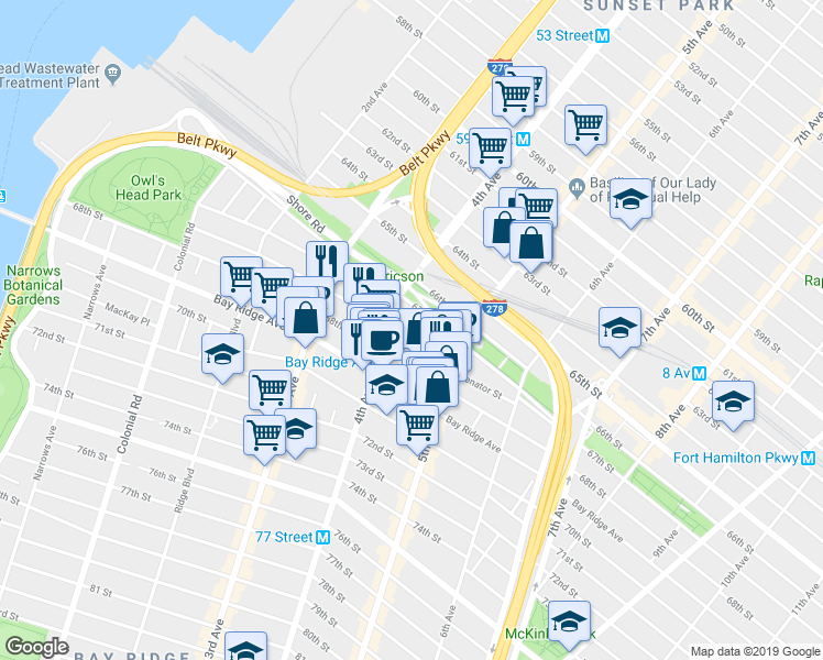 map of restaurants, bars, coffee shops, grocery stores, and more near 418 67th Street in Brooklyn