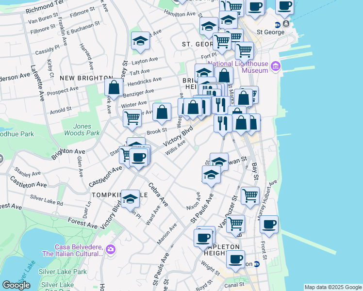 map of restaurants, bars, coffee shops, grocery stores, and more near 190 Victory Boulevard in Staten Island