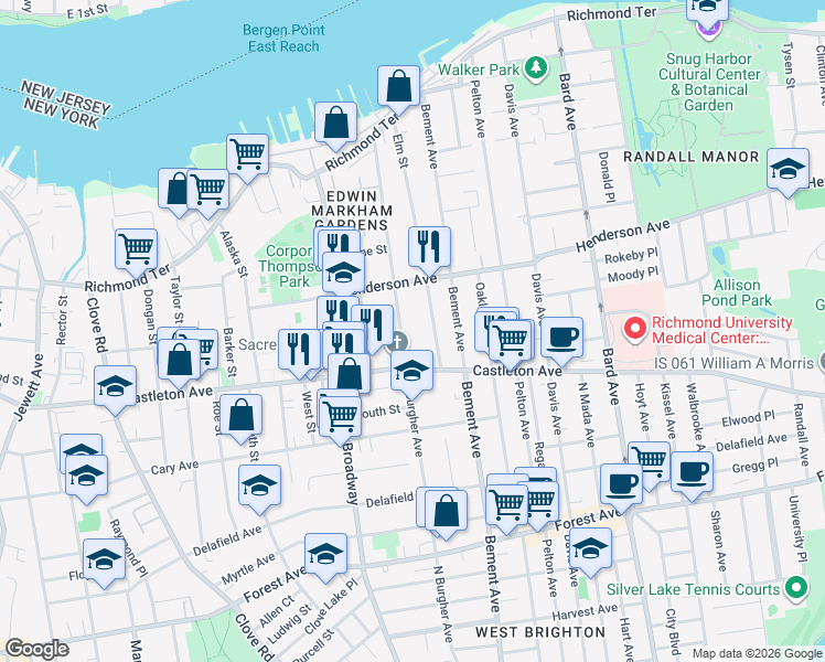 map of restaurants, bars, coffee shops, grocery stores, and more near 192 North Burgher Avenue in Staten Island