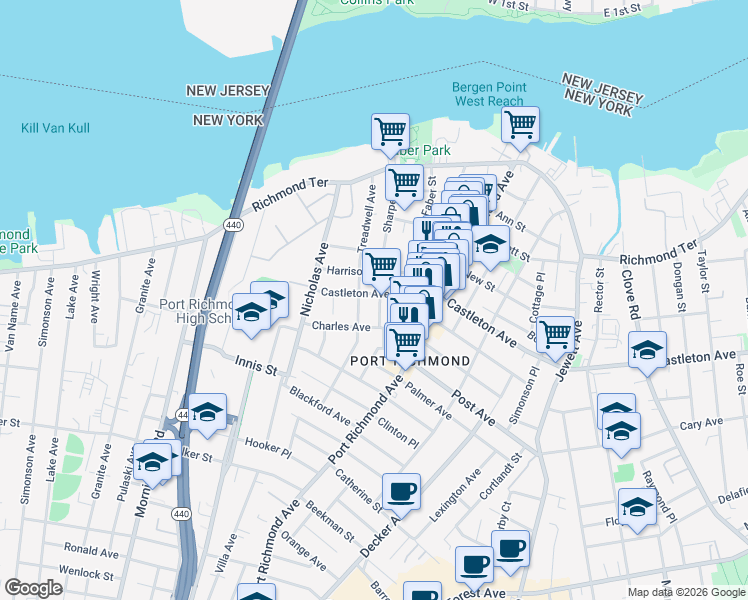 map of restaurants, bars, coffee shops, grocery stores, and more near 92 Harrison Avenue in Staten Island
