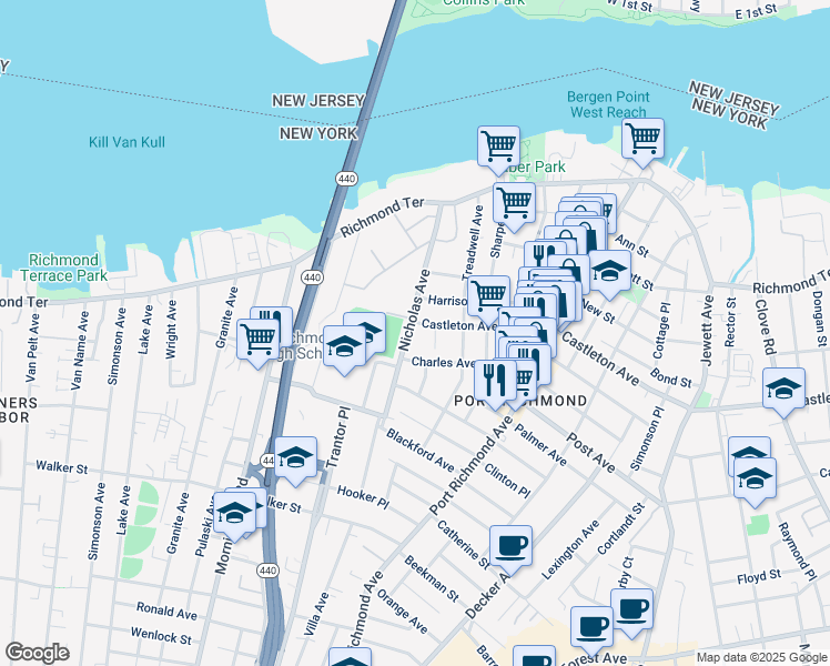 map of restaurants, bars, coffee shops, grocery stores, and more near 144 Nicholas Avenue in Staten Island