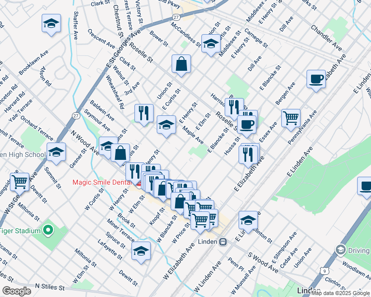 map of restaurants, bars, coffee shops, grocery stores, and more near 17 Conklin Place in Linden