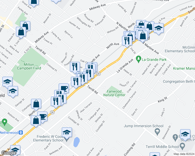 map of restaurants, bars, coffee shops, grocery stores, and more near 57 South Avenue in Fanwood