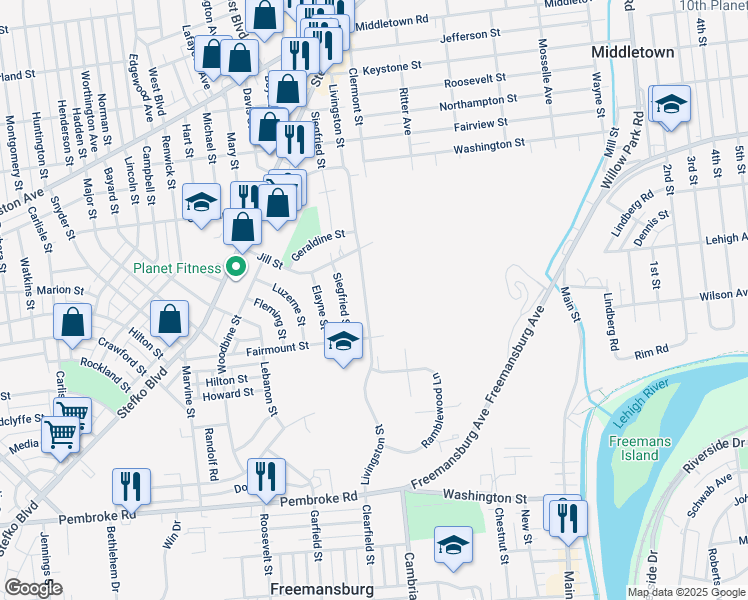 map of restaurants, bars, coffee shops, grocery stores, and more near 1536 Livingston Street in Bethlehem