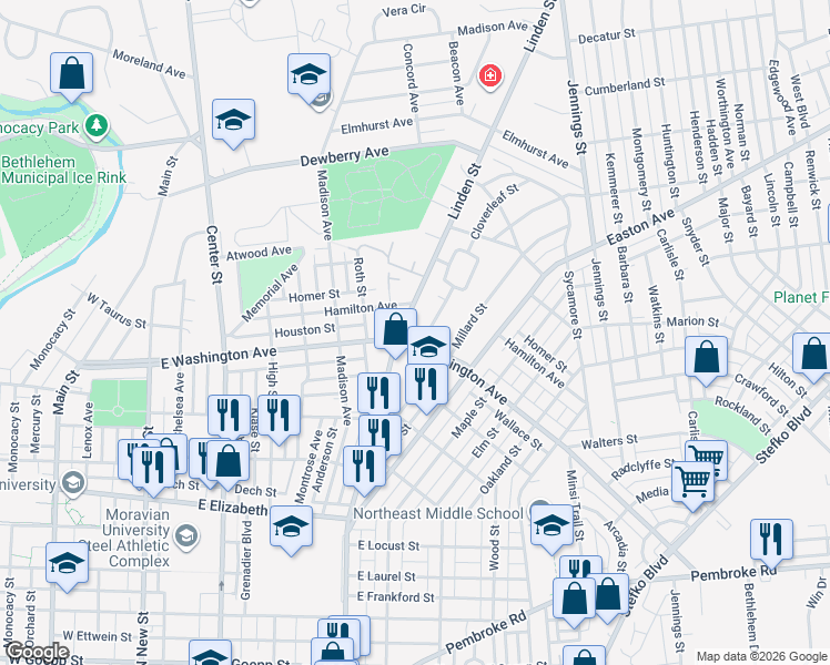 map of restaurants, bars, coffee shops, grocery stores, and more near 1628 Linden Street in Bethlehem