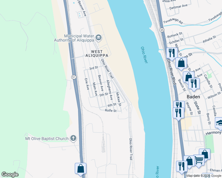 map of restaurants, bars, coffee shops, grocery stores, and more near 407 River Avenue in Aliquippa