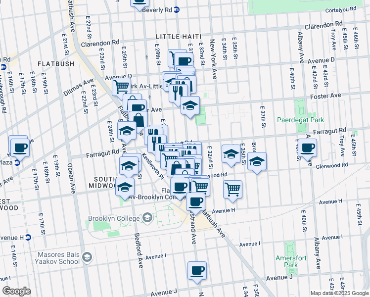 map of restaurants, bars, coffee shops, grocery stores, and more near 2030 Nostrand Avenue in Brooklyn