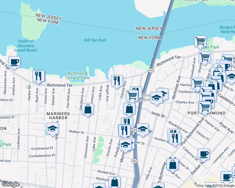 map of restaurants, bars, coffee shops, grocery stores, and more near 21 Housman Avenue in Staten Island