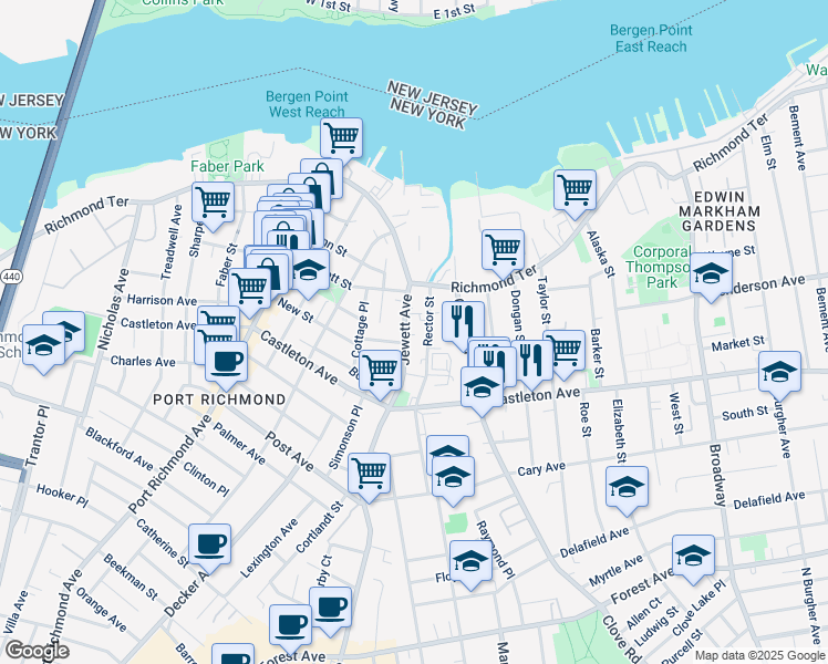 map of restaurants, bars, coffee shops, grocery stores, and more near 23 Jewett Avenue in Staten Island