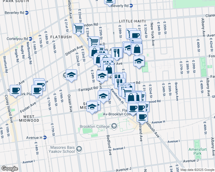 map of restaurants, bars, coffee shops, grocery stores, and more near E 26th St & Farragut Rd in Brooklyn