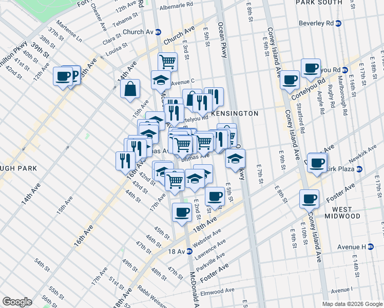 map of restaurants, bars, coffee shops, grocery stores, and more near 602 East 2nd Street in Brooklyn