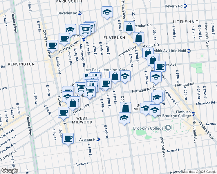 map of restaurants, bars, coffee shops, grocery stores, and more near 615 East 18th Street in Brooklyn