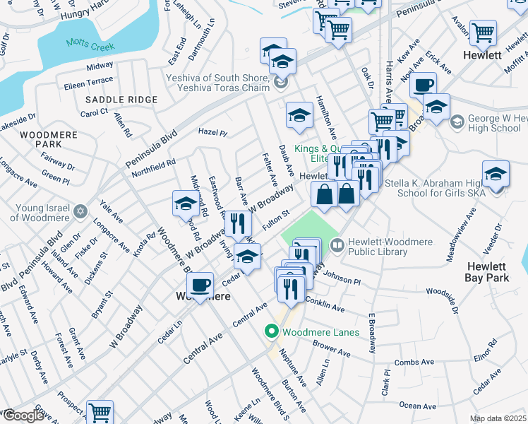 map of restaurants, bars, coffee shops, grocery stores, and more near 1091 West Broadway in Woodmere
