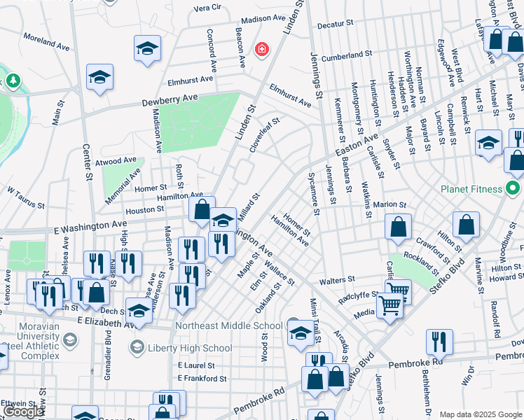 map of restaurants, bars, coffee shops, grocery stores, and more near 1647 Easton Avenue in Bethlehem