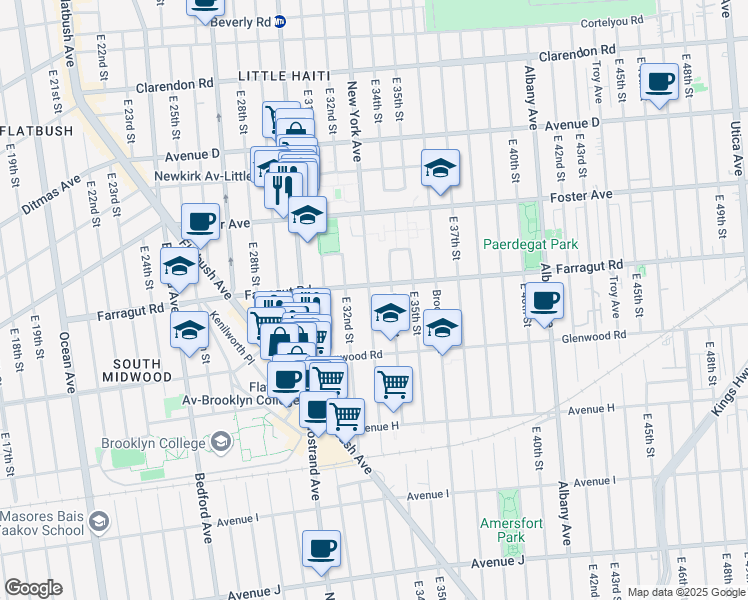 map of restaurants, bars, coffee shops, grocery stores, and more near 1507 New York Avenue in Brooklyn