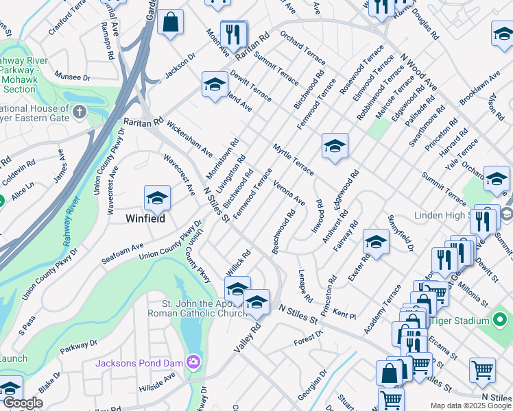 map of restaurants, bars, coffee shops, grocery stores, and more near 537 Fernwood Terrace in Linden