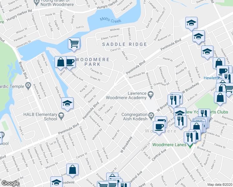map of restaurants, bars, coffee shops, grocery stores, and more near 391 Yale Avenue in Woodmere