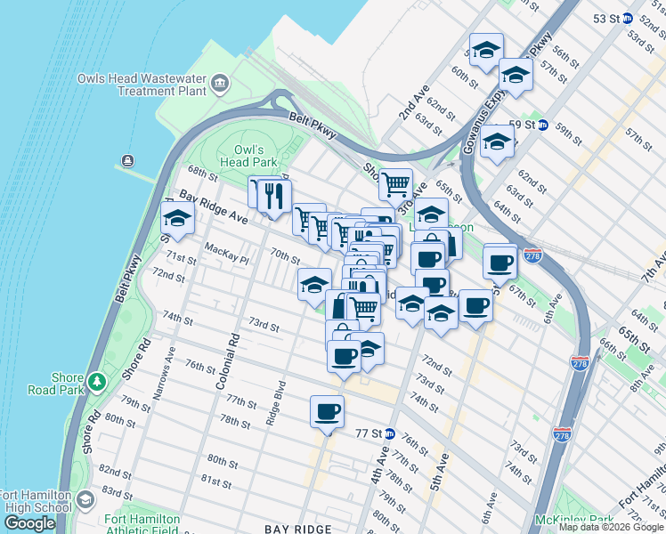 map of restaurants, bars, coffee shops, grocery stores, and more near 219 Bay Ridge Avenue in Brooklyn