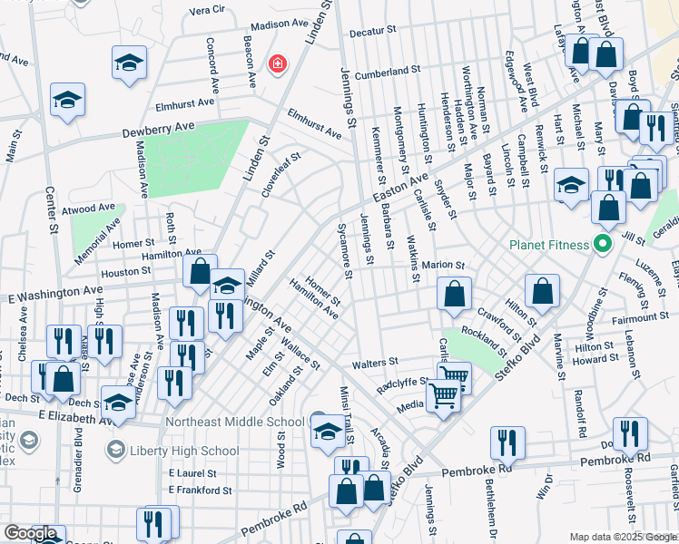 map of restaurants, bars, coffee shops, grocery stores, and more near 1745 Elm Street in Bethlehem