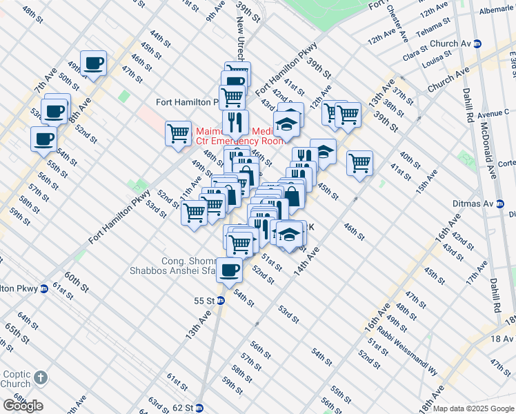 map of restaurants, bars, coffee shops, grocery stores, and more near 1216 48th Street in Brooklyn