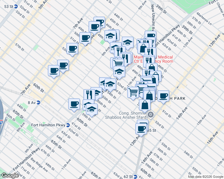 map of restaurants, bars, coffee shops, grocery stores, and more near 5205 Fort Hamilton Parkway in Brooklyn