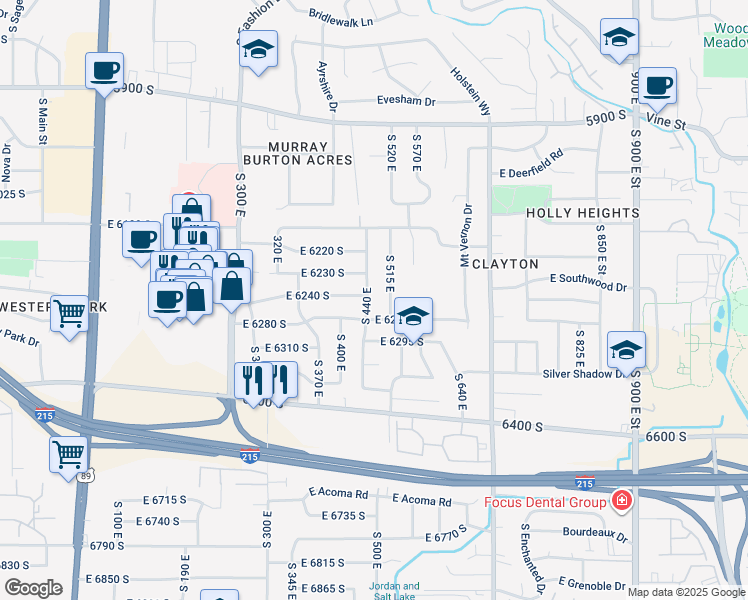 map of restaurants, bars, coffee shops, grocery stores, and more near 6236 South 440 East in Murray