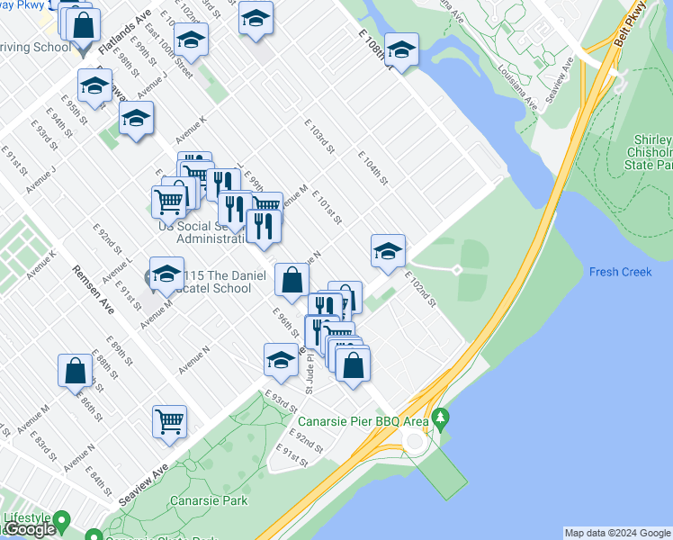 map of restaurants, bars, coffee shops, grocery stores, and more near 1427 East 100th Street in Brooklyn