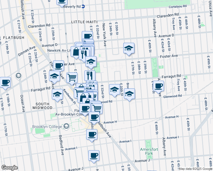 map of restaurants, bars, coffee shops, grocery stores, and more near 3223 Farragut Road in Brooklyn